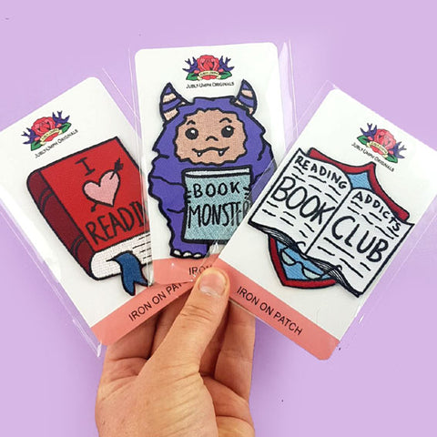 i love reading, book monster and reading addicts club patches