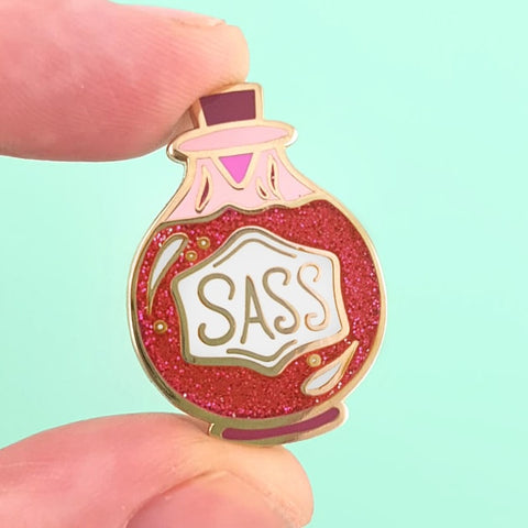 sass potion bottle lapel enamel pin