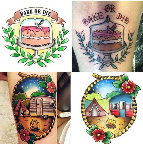 camping tattoo and bake or die tattoo