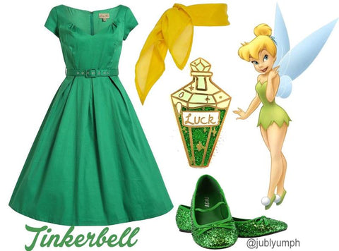 outfit ideas for a tinkerbell disneybounding costume featuring my lucky potion lapel pin