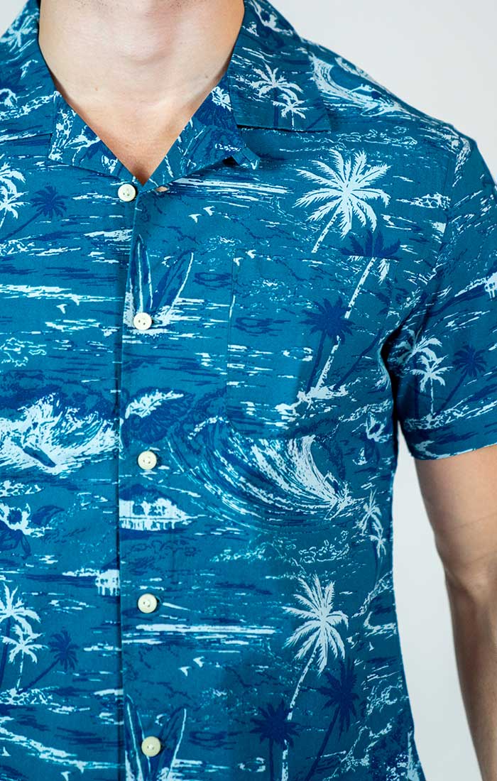 Turquoise Printed Rayon Camp Shirt - setonescap