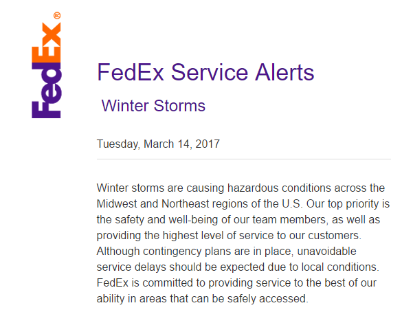 Pro Stanchions FedEx Winter Storm Service Update March 14 2017