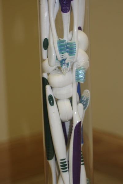 Close Up Clear Post Belt Stanchion Filled With Toothbrushes and Floss