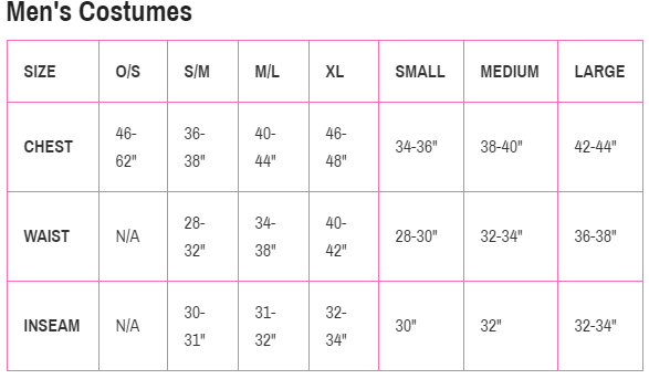 Leg Avenue Men's Size Chart