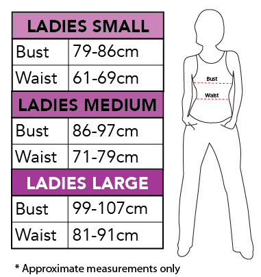 Rubies Size Chart Ladies S, M, L