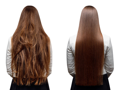 a side by side comparison of a brunette woman with damaged hair and shiny, healthy hair