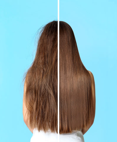 comparison of a woman with damaged hair and with healthy hair