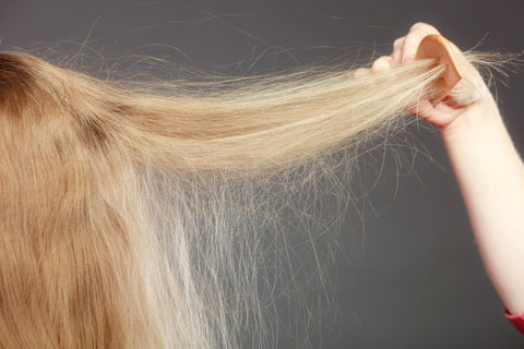 blonde frizzy hair being held up by a hand