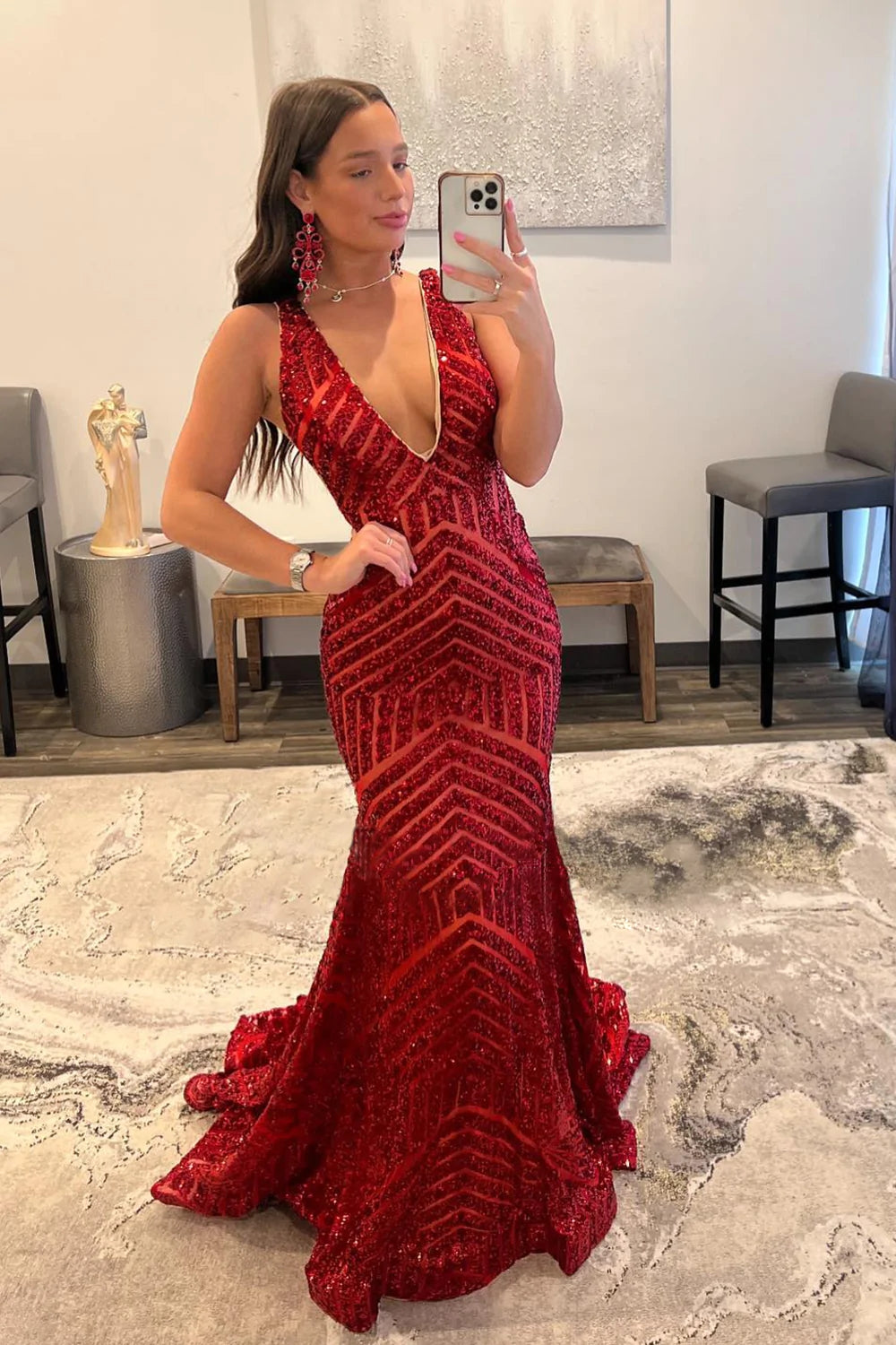 Sequin Prom Dresses Red 2023 Deep V Neck Mermaid Formal Dresses Long U –  MyChicDress