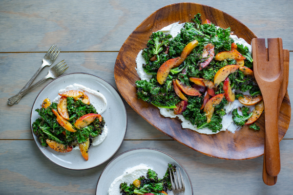 Grilled Kale with Ricotta & Peaches