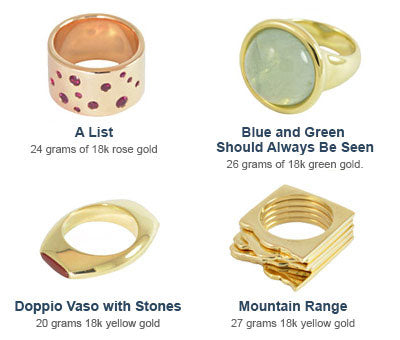 Four different rings in gold with gems.