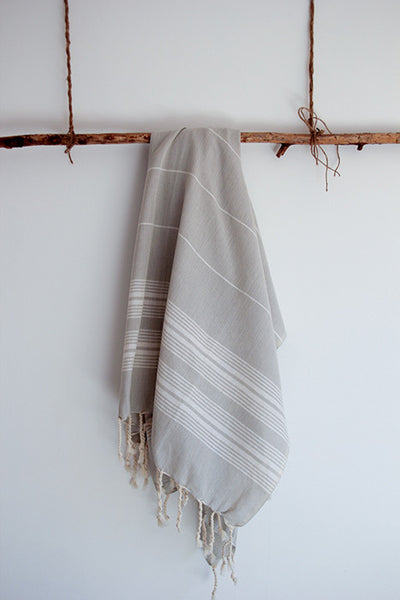 Cotton Pestemal in Ecru Striped on Grey