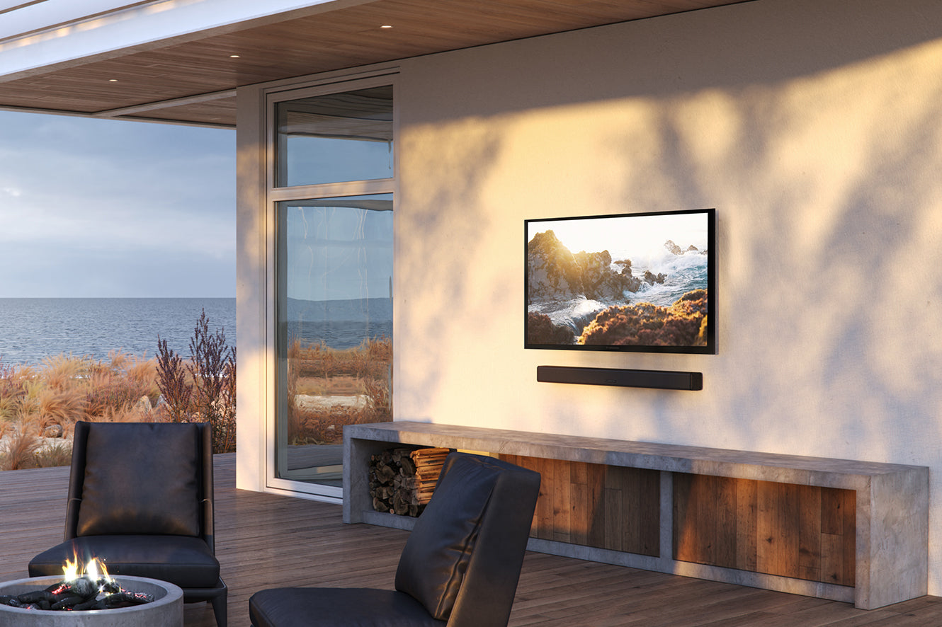 Outdoor TV Idea - Scenic view and firepit with outdoor TV mounted on wall