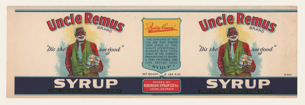 Large 1923 Uncle Remus Syrup Label Oldcuts 6158