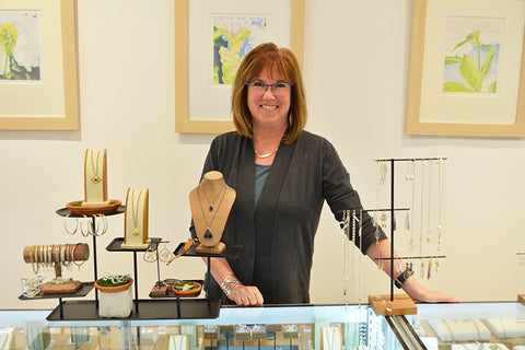 Eileen Baumeister McIntyre owner/jewelry designer at Garden of Silver handmade jewelry in Westhampton Beach, Hamptons, Long Island, New York