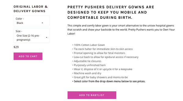 Add a Pretty Pushers delivery gown to your Babylist registry
