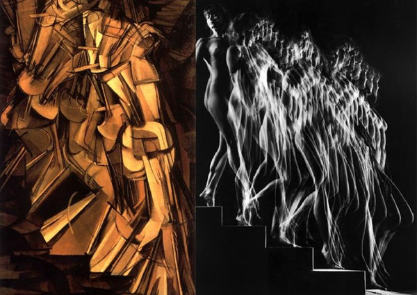 Left: Nude Descending a Staircase no.2 - 1912. Right: Marcel Duchamp emanates his famous painting in LIFE Magazine