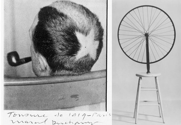 Right: In 1919, Duchamp had a comet shape shaved into his hair, a gesture pre-empting the body art movement of the later 20th century. Left: Marcel Duchamp, Bicycle Wheel - 1913