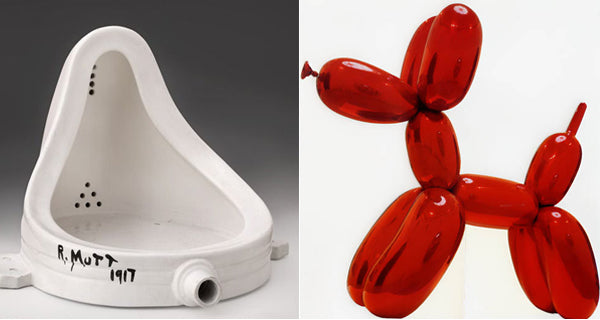 Left: Marcel Duchamp, 'Fountain,' 1917. Right: Jeff Koons, Balloon Dog (Red), 1994
