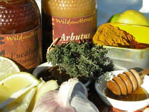 raw arbutus honey, eucalyptus honey and medicinal herbs