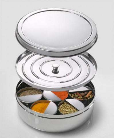 Spice Box: Stainless steel masala dabba holds Indian spice, seasoning