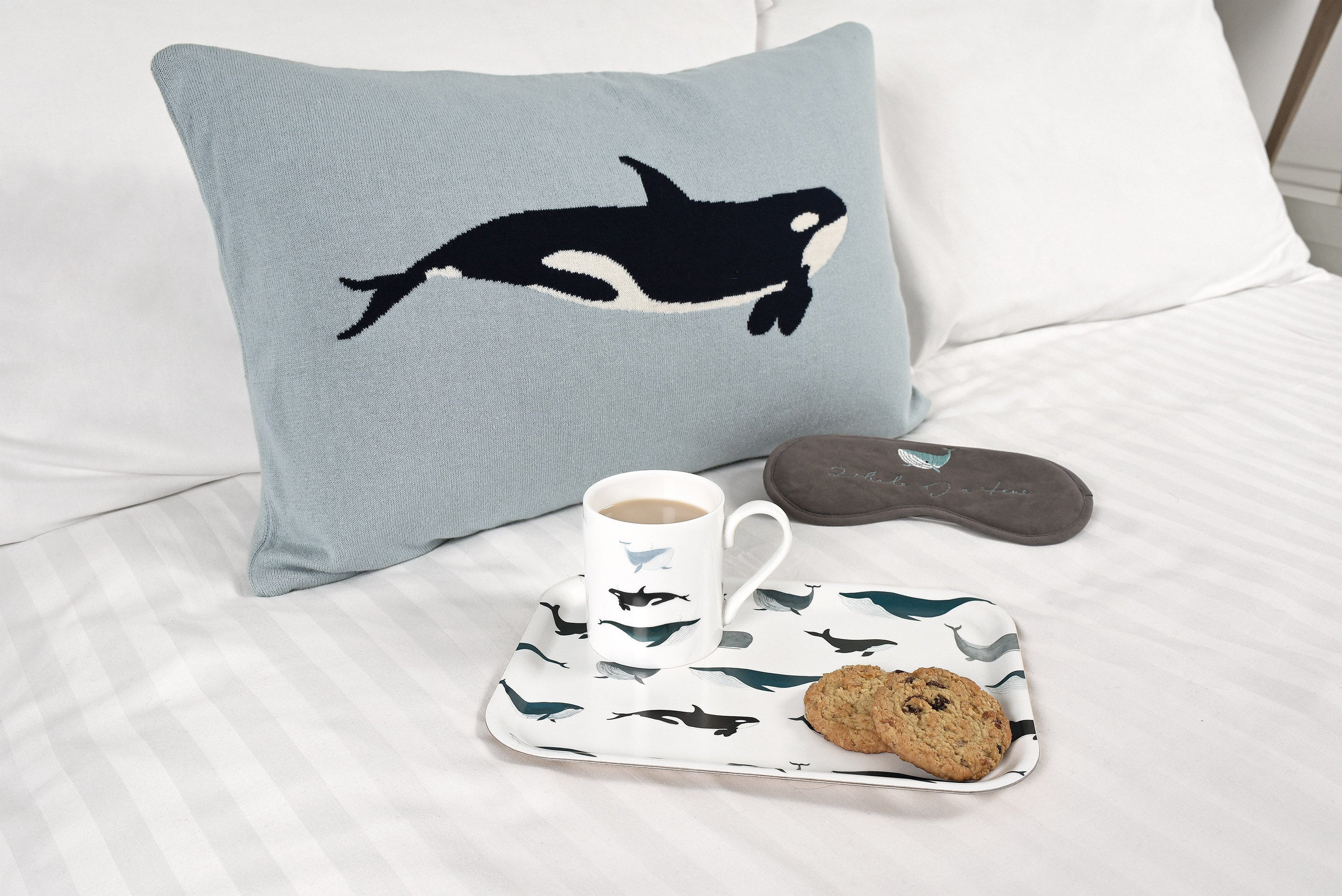 Light blue whales cushion, tray, fine bone china mug and sleep mask