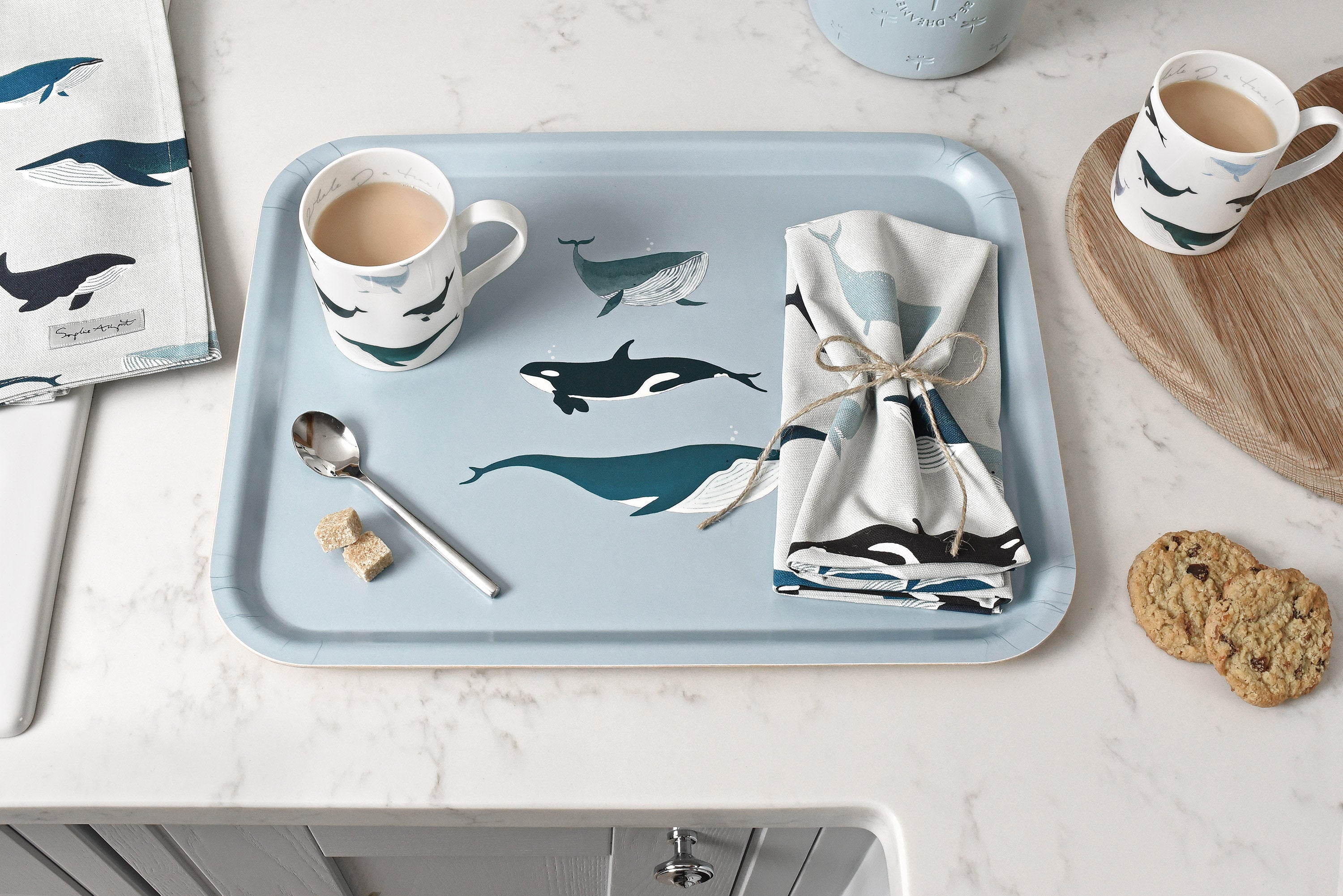 Whales printed tray and napkins by Sophie Allport