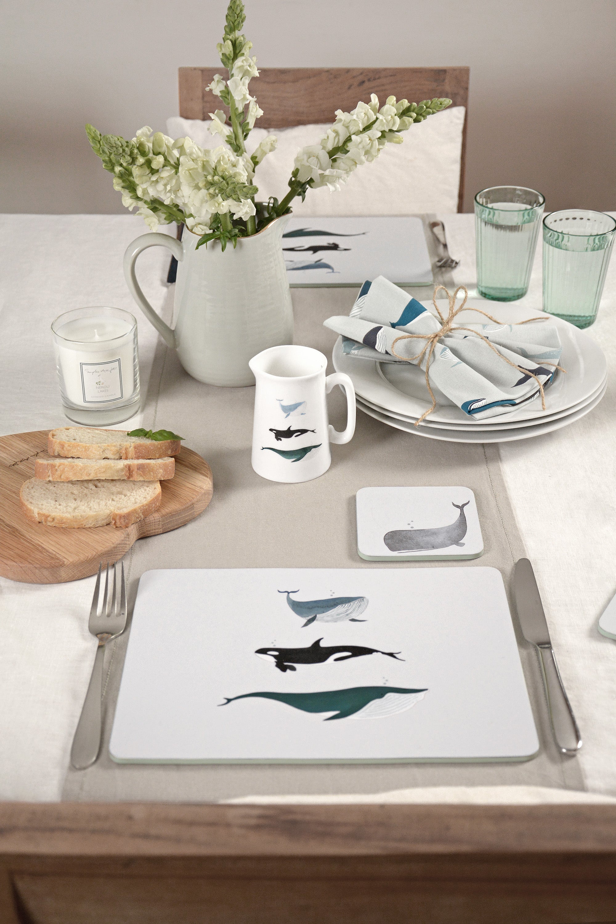Whales coastal table setting by Sophie Allport
