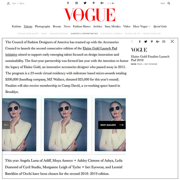 Vogue, Vogue Italia, Fashion Eyewear, CFDA, Elaine Gold Launch Pad, Morganne Leigh, Tyche & Iset Eyewear, Los Angeles, Eyewear, Designer Eyewear, Celebrity Eyewear, Independent Eyewear