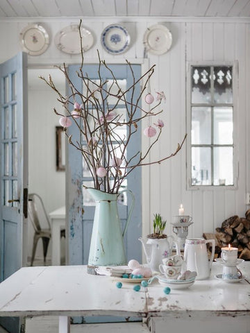 Let spring come in; create a pretty, pastoral vintage interior surrounded by light pastel colours. Douse your white wooden panelled room with colours of pinks, greens and blues.