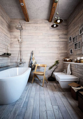 Pendant lighting in the bathroom. Instead of installing the usual linear lights in your baths, pick a beautiful, rustic pendant lighting to match your interiors
