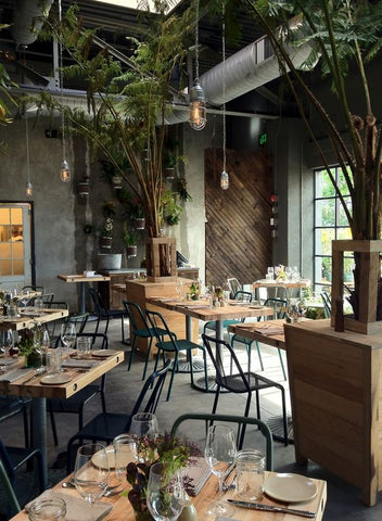 sophisticated industrial decor. The space comes alive with tall, leafy trees that provides a tropical flair in the otherwise grim concrete. You too, can embellish your dull dining areas with lush plants to bring out a nice splash of colour and an organic atmosphere your family will love.