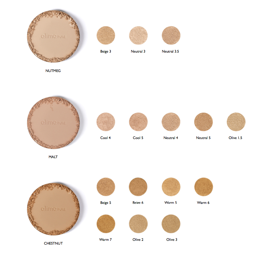 Color conversion chart: satin matte foundation compared to pressed foundation with Rosehip Antioxidant complex – Nutmeg, Malt, and Chestnut