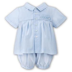 light blue button front baby boy bubble set with train embroidery