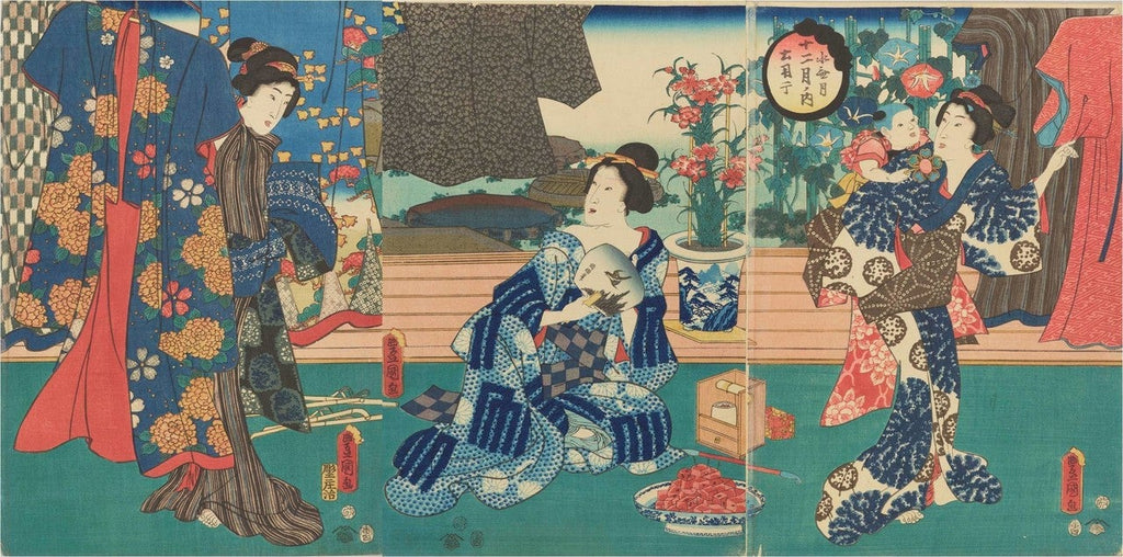 Femmes faisant du mushi-boshi pour leurs kimonos - Par Utagawa Kunisada, 1854