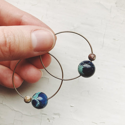 Earth and Moon Jasper Hoop Earrings, celestial jewelry by Yugen Tribe 