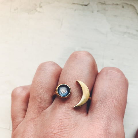 Crescent moon ring with custom celestial image - cosmos jewelry by Yugen Tribe