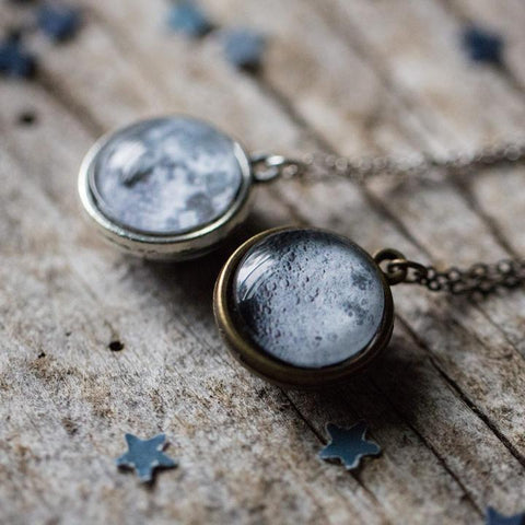 Double sided necklace with full moon and far side of the moon - Handmade lunar jewelry by Yugen Tribe