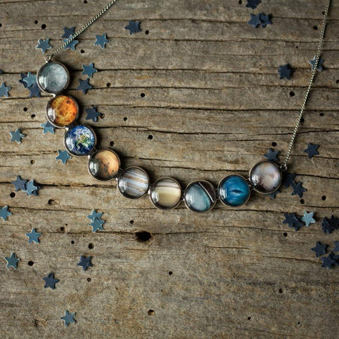 Solar system necklace with 9 planets, handmade galaxy jewelry by Yugen tribe