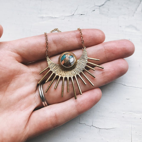 Sun Goddess Necklace - Sunburst Gold Tone Necklace with Copper Oyster Turquoise - Equinox Celestial Jewelry by Yugen Tribe