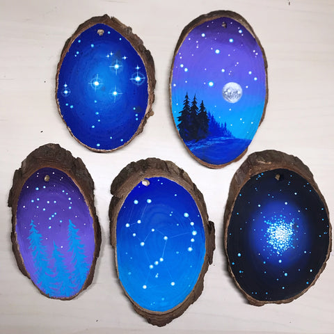 Handpainted cosmic wood slices with outer space painting 