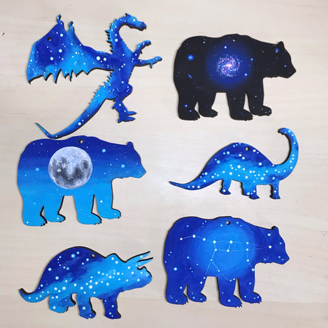 Animal cut outs painted with galaxy stars constellation nebula outer space