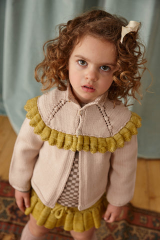 Misha and Puff new ruffle cardigan in dune for baby and girl clothing.