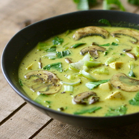 Thai coconut soup with bok choy and mushrooms