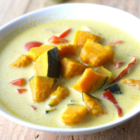 thai coconut galangal soup with kabocha squash