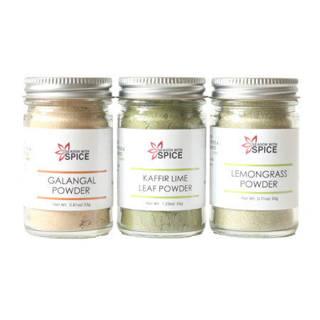 Thai spices - kaffir lime leaf, lemongrass & galangal powders