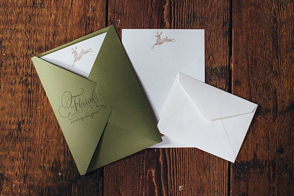 Letterpress Note Cards and Stationery Sets by Saturn Press are made in Maine, USA, on recycled paper. 