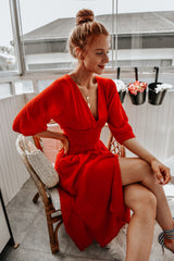 Red Quarter Sleeve V-Neck Dress