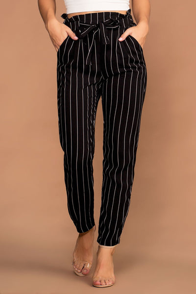 black striped paper bag pants