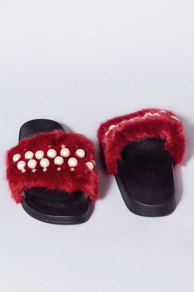 burgundy slides with fur